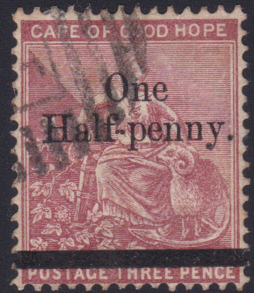 Cape of Good Hope 1882 SACC42(var) ½d ON 3d DEEP CLARET - FINE USED - UNLISTED VARIETY - SEE BELOW