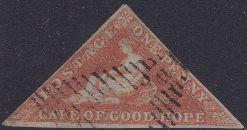 Cape of Good Hope SACC1a : 1d DEEP BRICK RED ON DEEPLY BLUED PAPER VFU CV R14000