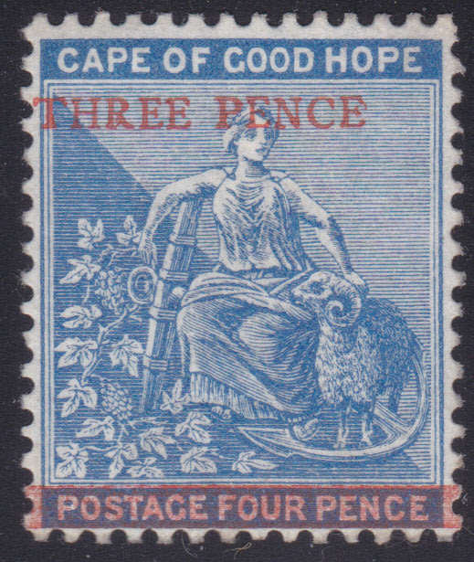 Cape of Good Hope 1879 : SACC29 : 3d on 4d Blue(WM Crown CC) MM CV R4500
