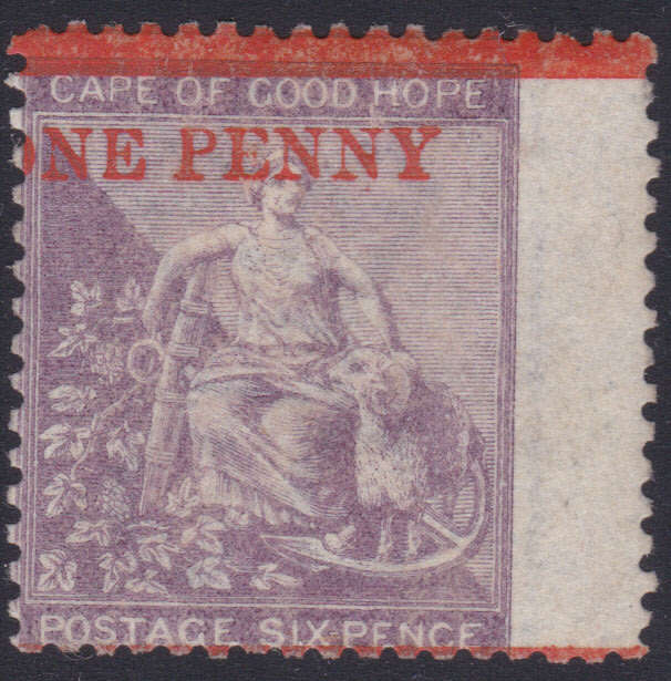 Cape of Good Hope 1858 SACC27 1d ON 6d DEEP LILAC -UNUSED - CV R20000