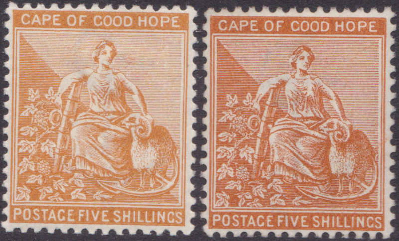 CAPE OF GOOD HOPE 1887/93 SACC49 & SACC63 5/- ORANGE & 5/- BROWN-ORANGE LMM CV R7000