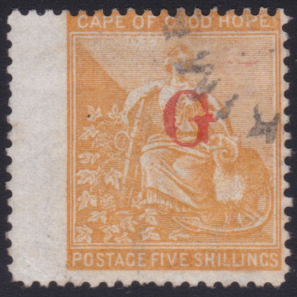Griqualand West SG10c 5/- Yellow-orange - Used with o/p type 3 CV £75(2017)