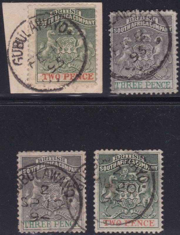 BSAC / Rhodesia : 4 Used Stamps with Rare ``GUBULAWAYO`` Cancellations