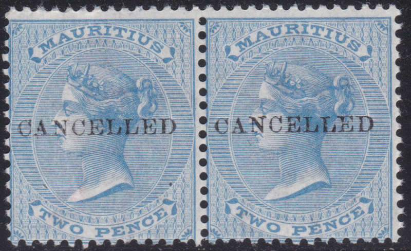 MAURITIUS 1876 SG59 2d BLUE O/P `CANCELLED` CV ~£26(AS SINGLES)