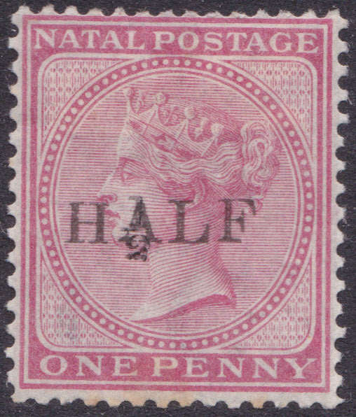 NATAL 1877 SACC87 ½d ON 1d ROSE(STRAIGHT FOOT)  MM CV R1100