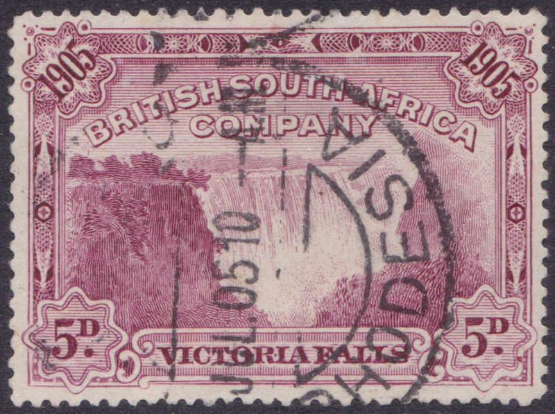 B.S.A.C / Rhodesia 1905 SG96ba - 5d Claret with ``Bird in tree`` variety - VFU - Scarce