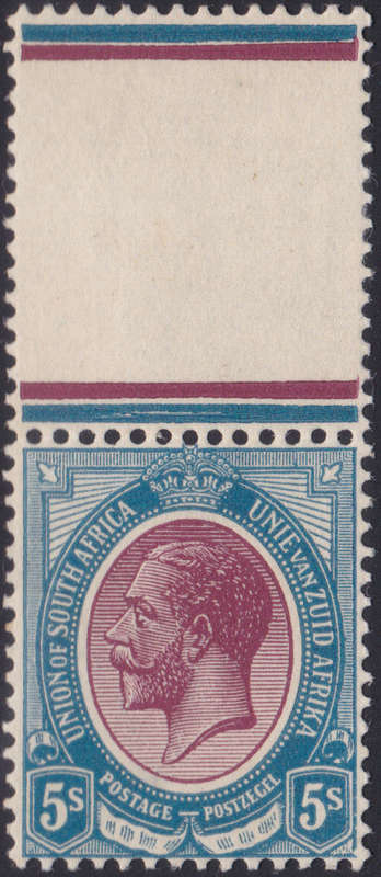 Union of SA - 1913 SACC14a 5/- REDDISH PURPLE & BLUE - TOP MARGINAL SINGLE VLMM CV R3500