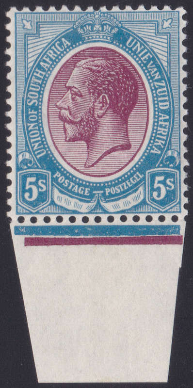 Union of SA - 1913 SACC14 5/- PURPLE and BLUE - BOTTOM MARGINAL SINGLE VLMM CV R3500