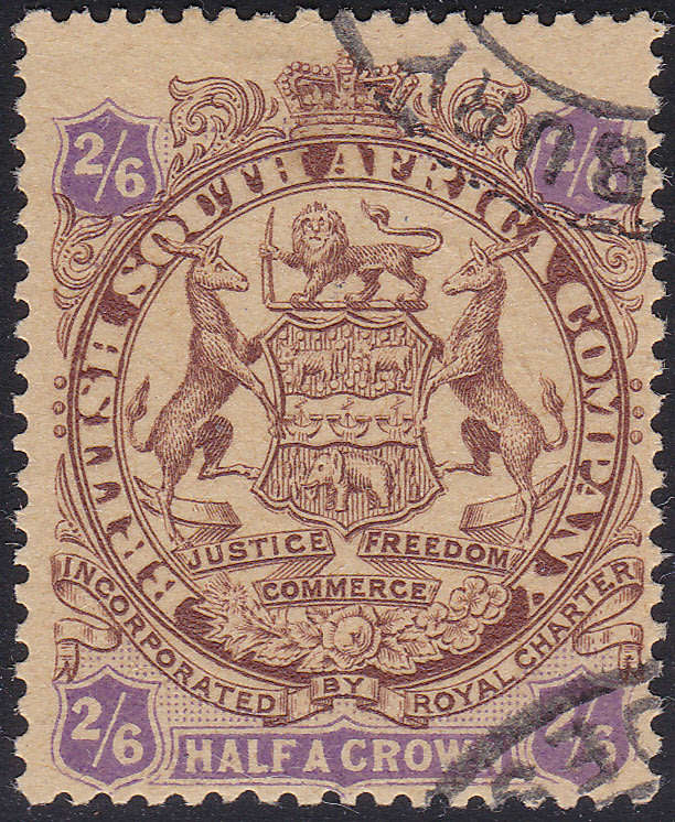 BSAC / Rhodesia : SG48 2s6d Brown & Purple/Yellow VFU  CV £65