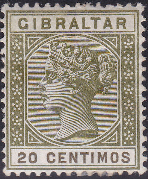 GIBRALTAR 1896 SG24 20c OLIVE-GREEN and BROWN MM CV £30(2017)