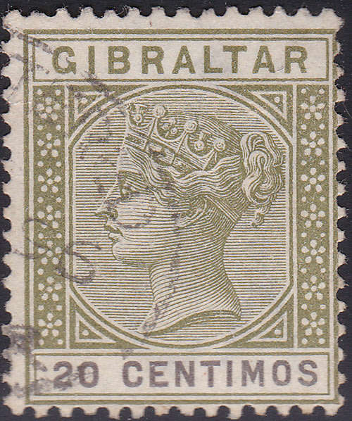 GIBRALTAR 1896 SG24 20c OLIVE-GREEN and BROWN VFU CV £24(2017)