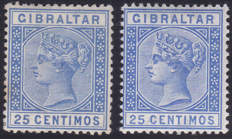 GIBRALTAR 1889-96 SG26/26a 25c ULTRAMARINE and DEEP ULTRAMARINE MM CV £61(2017)