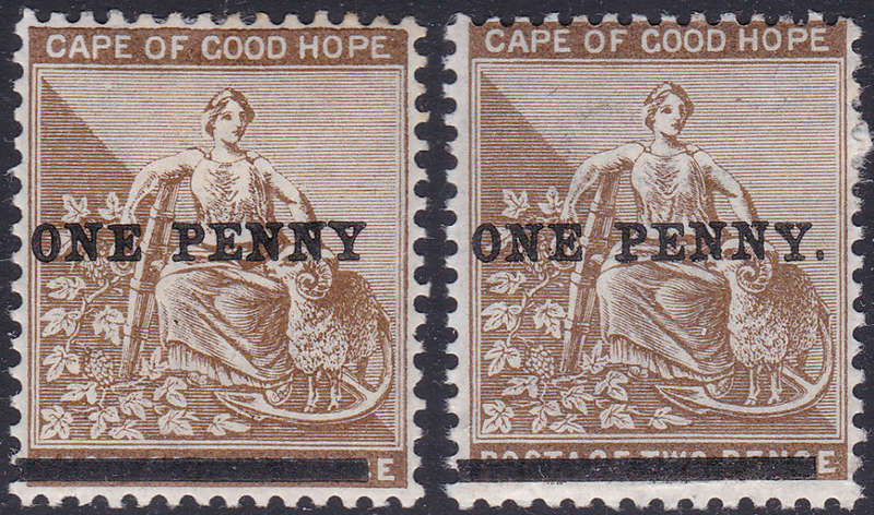 Cape of Good Hope : 1893 SG57/57b :1d on 2d Deep Bistre -NO STOP AFTER PENNY + NORMAL CV £107+(2017)