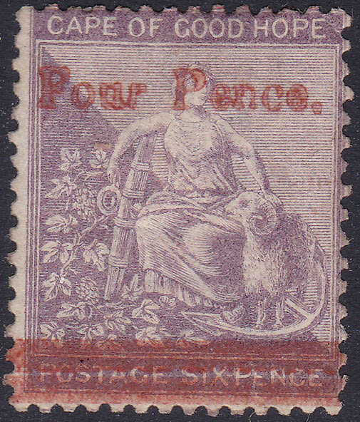Cape of Good Hope 1868 : SACC22 : 4d on 6d DEEP LILAC MM CV R14000
