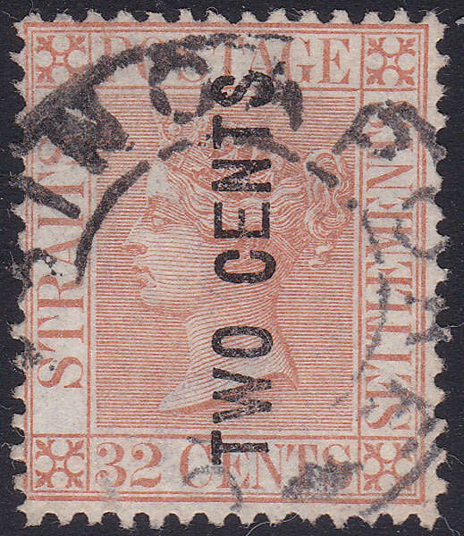 STRAITS SETTLEMENTS 1883 SG60 2c ON 32c PALE RED - WIDE ``E`` - VFU - CV £350