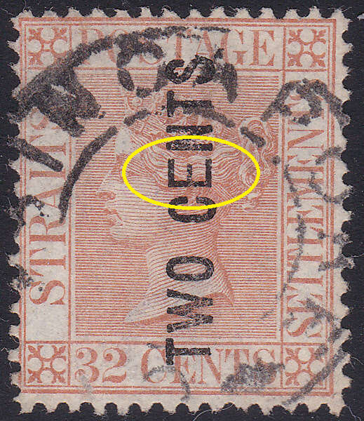 STRAITS SETTLEMENTS 1883 SG60 2c ON 32c PALE RED - WIDE ``E`` - VFU - CV £350
