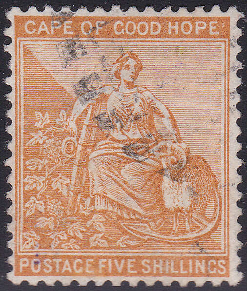 Cape of Good Hope : 1882 SACC40 : 5/- ORANGE - VERY FINE LIGHTLY USED (WM Crown CA) CV R6000