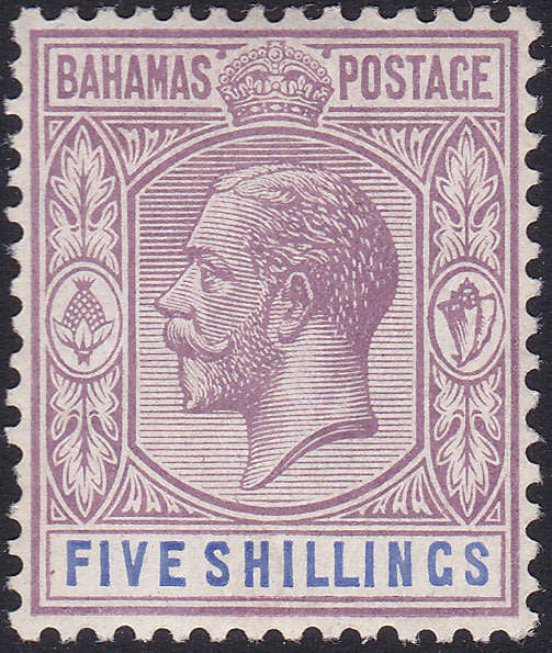 BAHAMAS 1912-19 SG88 5/- DULL PURPLE and BLUE - LMM CV £42(2017)