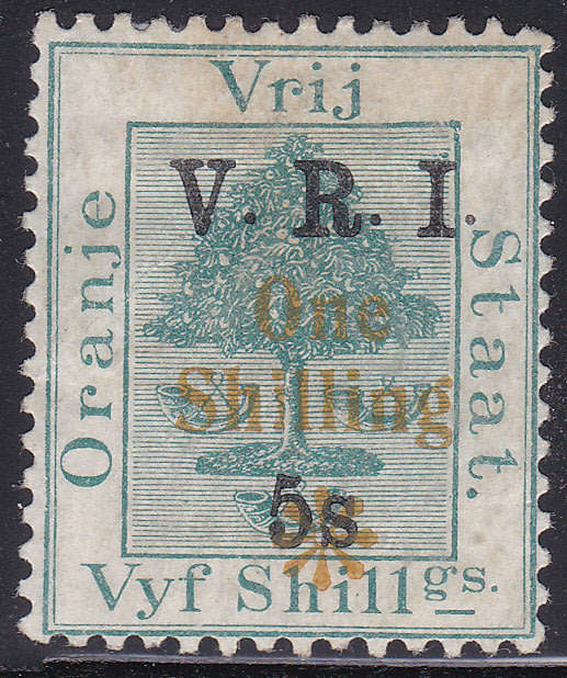 OFS 1902 SACC83b 1/- ON 5/- ON 5/- GREEN WITH SHORT TOP TO 5 VARIETY - MM - CV R1100+