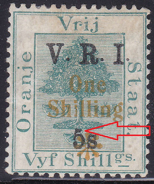 OFS 1902 SACC83b 1/- ON 5/- ON 5/- GREEN WITH SHORT TOP TO 5 VARIETY - MM - CV R1100+