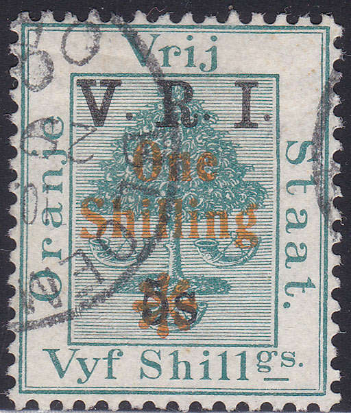 OFS 1902 SACC83a 1/- ON 5/- ON 5/- GREEN WITH ``THICK V`` VARIETY - VFU - CV R800