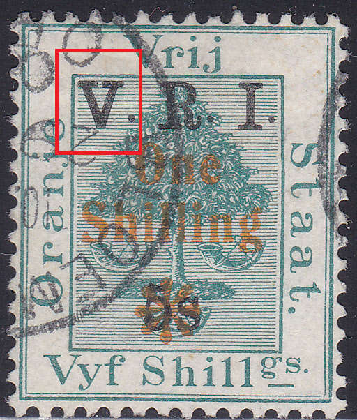 OFS 1902 SACC83a 1/- ON 5/- ON 5/- GREEN WITH ``THICK V`` VARIETY - VFU - CV R800