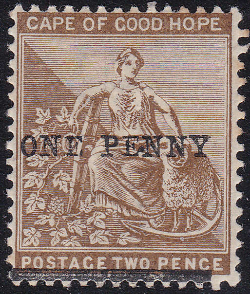Cape of Good Hope : 1893 SG57b(var) : 1d on 2d Pale Bistre - NO STOP AFTER PENNY/MISPLACED STOP-RARE