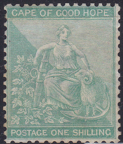 Cape of Good Hope 1864-77 SACC21b 1/- BLUE-GREEN WATERMARK CROWN CC -MM CV R6500