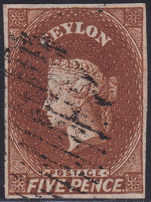 CEYLON - 1857-9 SG5 5d CHESTNUT - SUPERB USED - CV £150(2017)
