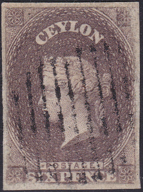 CEYLON - 1859 SG6 6d PURPLE BROWN - SUPERB USED - CV £140(2017)