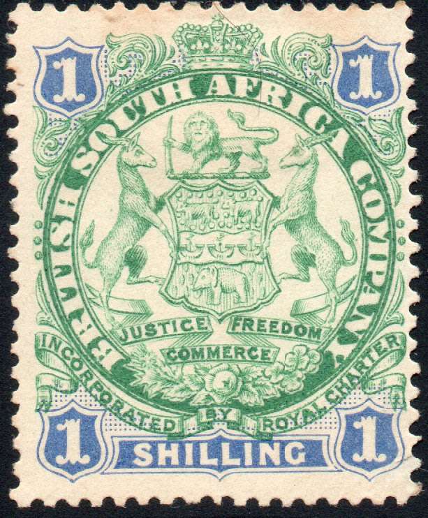 BSAC / Rhodesia : SG35(DOT TO RIGHT OF TAIL) 1/- GREEN & BLUE MM CV £27(2017)