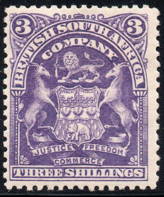 B.S.A.C./RHODESIA 1902 SG86 3/- Deep Violet MM CV £38(2017)