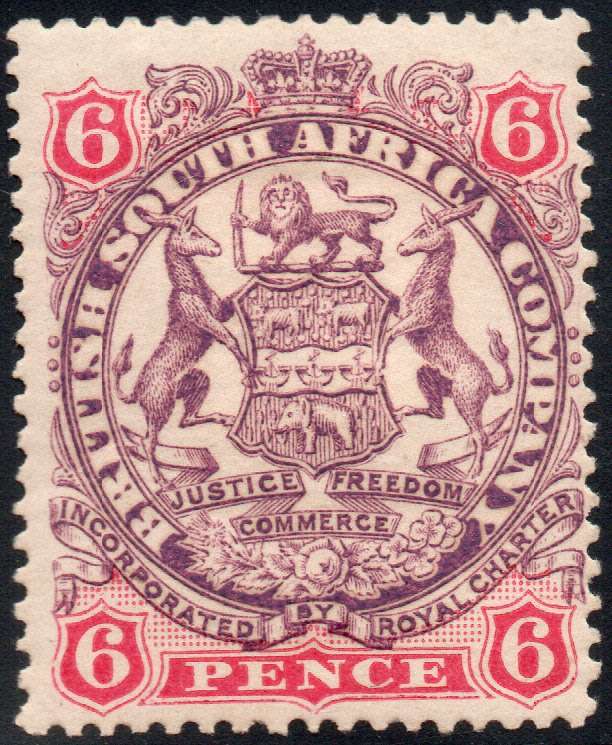 BSAC/Rhodesia : 1896-7 SG46 DIE II 6d Mauve & Rose MM £18