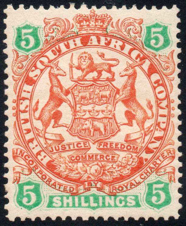 B.S.A.C./.Rhodesia : 1896-7 SG49 DIE II 5/- : Chestnut & Emerald LMM £65