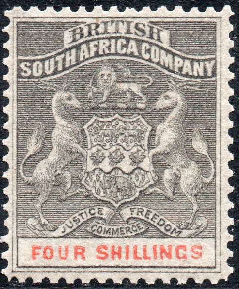 BSAC /Rhodesia 1892 SG26 4/- Grey-Black & Vermillion LMM  - CV £48