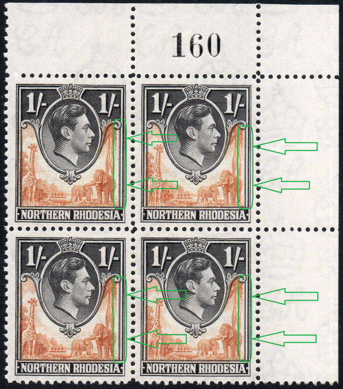 Northern Rhodesia 1938-52 SG40(var) 1/- Yellow-brown and Black BO4 with ``shifted vignette``  - *UM*