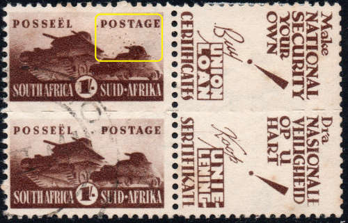 Union of SA - 1942-44 SACC102a 1/- BROWN(``BURSTING SHELL`` VARIETY) VFU CV R2700