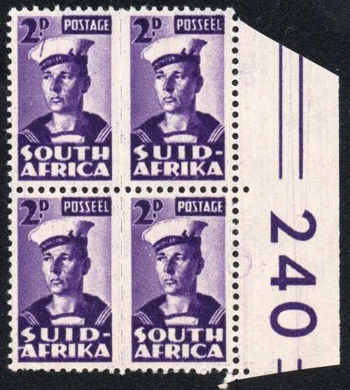 Union of SA - 1942-44 SACC98e 2d VIOLET MARGINAL BO4 (LINE ON CAP VARIETY) *UNMOUNTED MINT* CV R2000