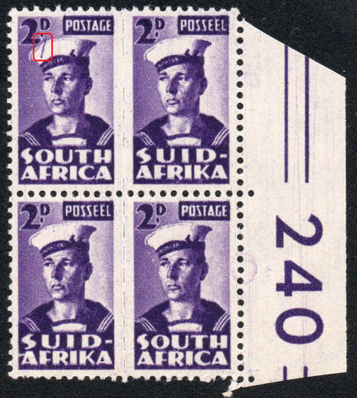 Union of SA - 1942-44 SACC98e 2d VIOLET MARGINAL BO4 (LINE ON CAP VARIETY) *UNMOUNTED MINT* CV R2000