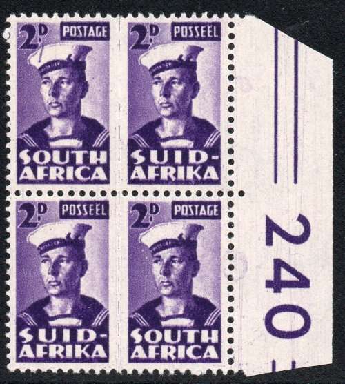 Union of SA - 1942-44 SACC98e 2d VIOLET MARGINAL BO4 (LINE ON CAP VARIETY) *UNMOUNTED MINT* CV R2000