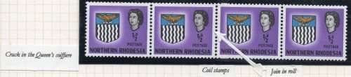 Northern Rhodesia 1963 SG75(var) ½d Strip of 4 COIL STAMPS with JOIN IN ROLL  - *UM*