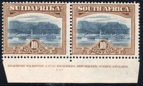 Union of SA - 1927 SACC39 10/- Bright blue and Brown INSCRIPTIONAL PAIR(P14) -  MM -  CV R12000