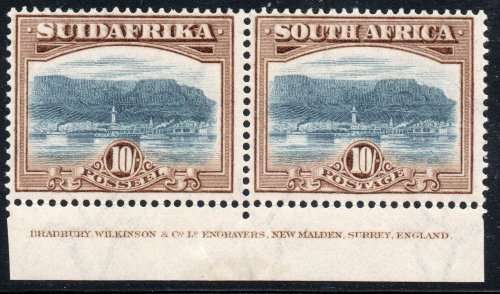 Union of SA - 1927 SACC39 10/- Bright blue and Brown INSCRIPTIONAL PAIR(P14) -  MM -  CV R12000