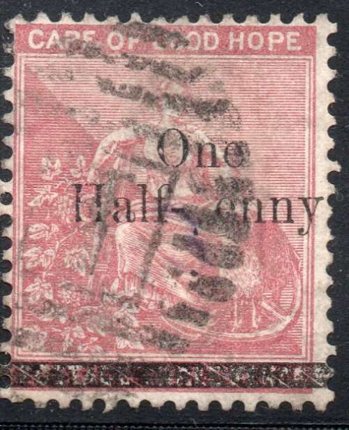 Cape of Good Hope 1882 SACC42a ½d on 3d Deep Claret with``p`` in ``penny`` omitted- RARE - CV R20000