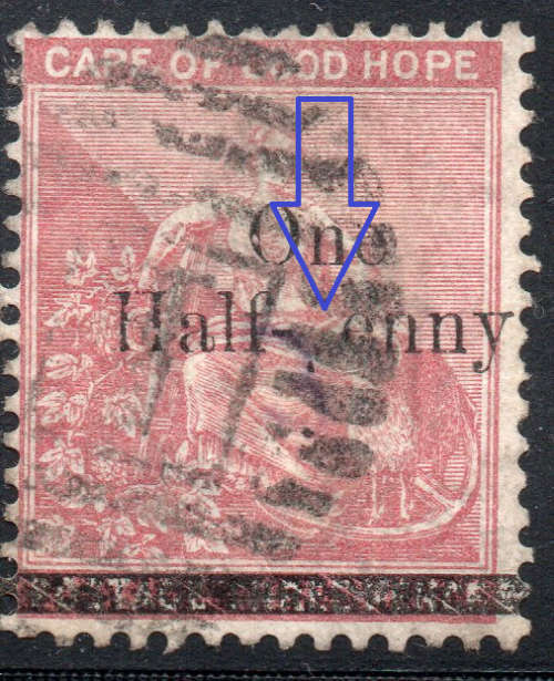 Cape of Good Hope 1882 SACC42a ½d on 3d Deep Claret with``p`` in ``penny`` omitted- RARE - CV R20000