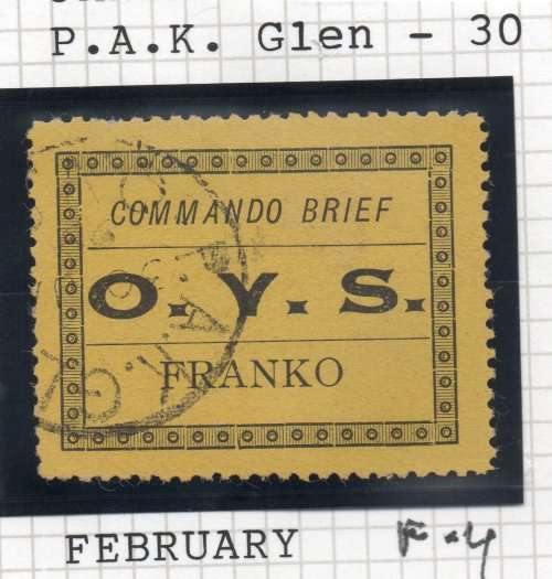 OFS - MILITARY FRANK STAMP - SACC1 - BLACK/BISTRE-YELLOW  - SCARCE ``P.A.K. GLEN`` CDS