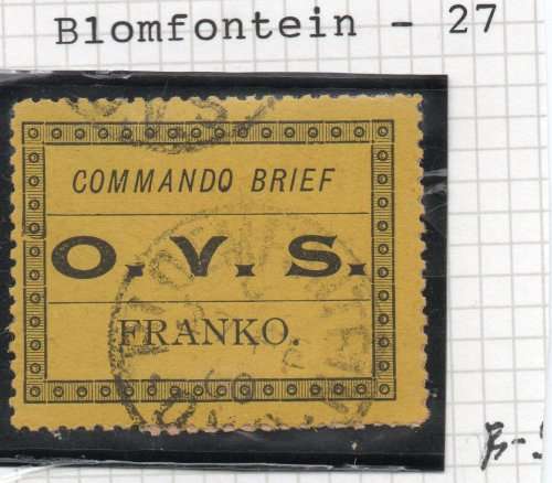 OFS - MILITARY FRANK STAMP - SACC1 - BLACK/BISTRE-YELLOW  - ``BLOEMFONTEIN`` CDS
