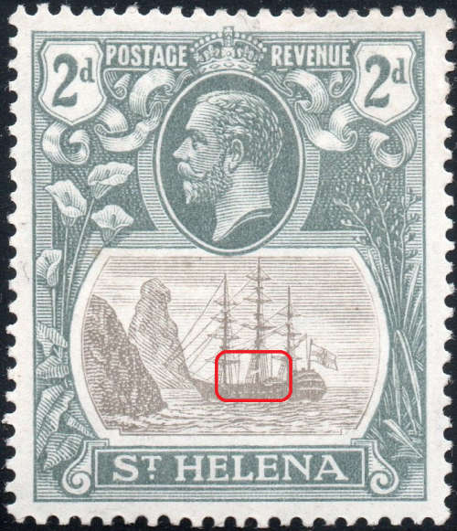 St. Helena 1923 SG100a 2d Grey and Slate with BROKEN MAINMAST CV £160(2017)