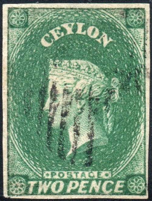 CEYLON - 1857 SG3 2d GREEN - VFU - CV £65(2017)