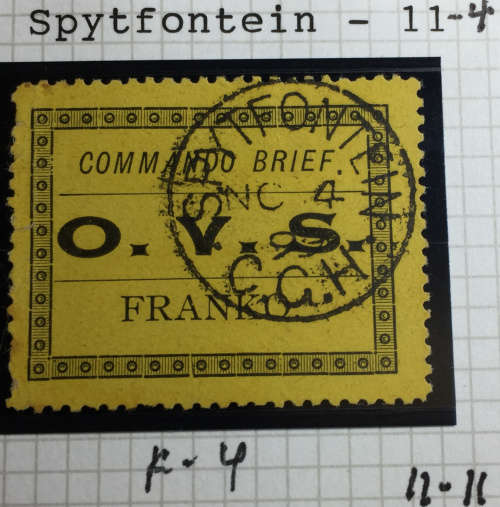 OFS - MILITARY FRANK STAMP - SACC1 - BLACK/BISTRE-YELLOW  - SCARCE ``SPYTFONTEIN`` CDS